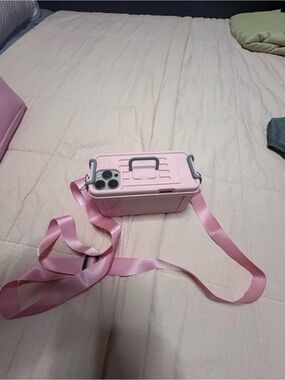 Pink Crossbody Mini Box Bag with iPhone 16 pro max case